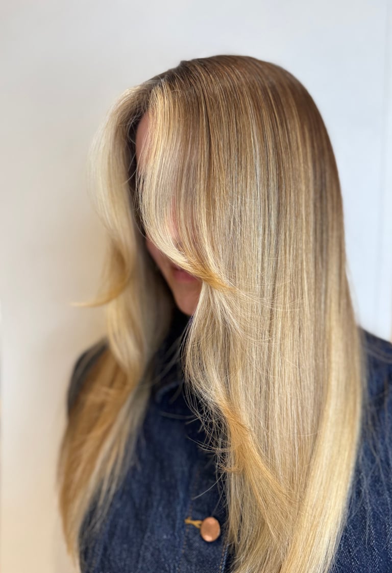 Person with long blonde straight hair, side profile