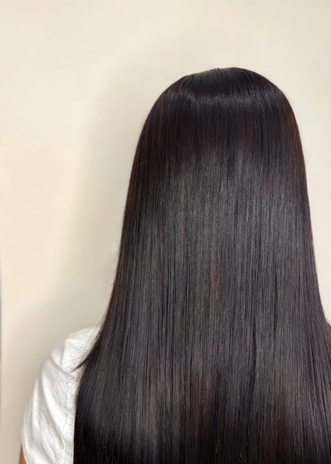 Back view of a person with long, straight black hair