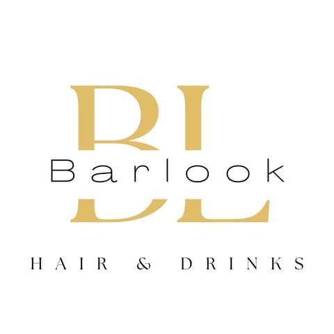 Barlook Hair and Drinks logo with gold lettering and black text on white background